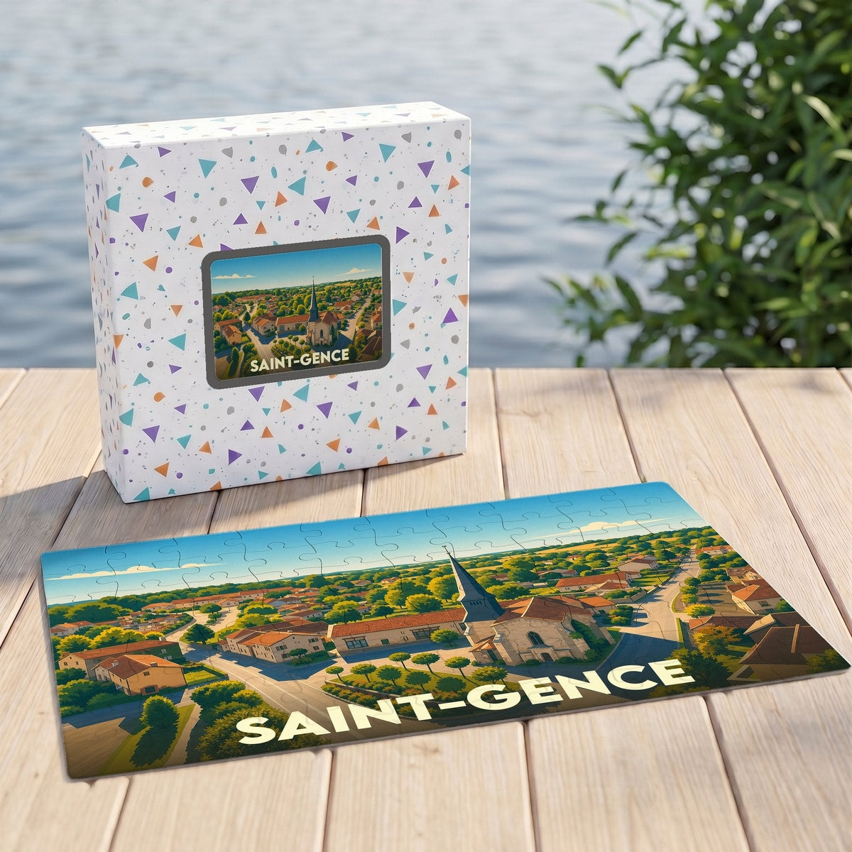 Puzzle souvenir de la ville de Saint-Gence avec une illustration stylisée.