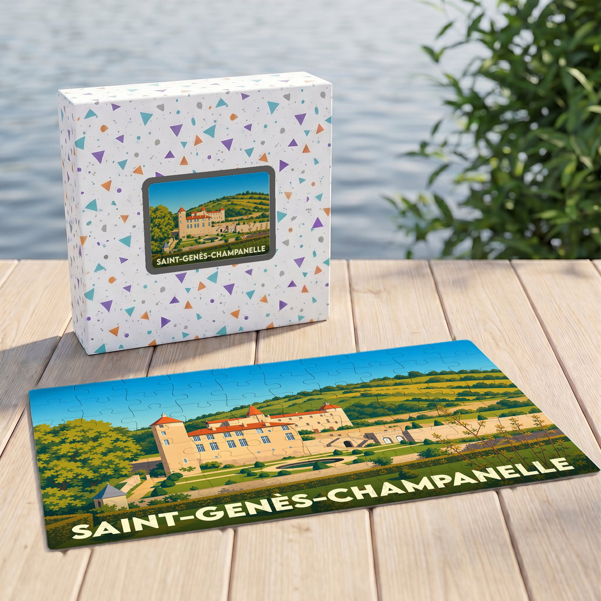 Puzzle souvenir de la ville de Saint-Genès-Champanelle présentant une illustration colorée de son château.
