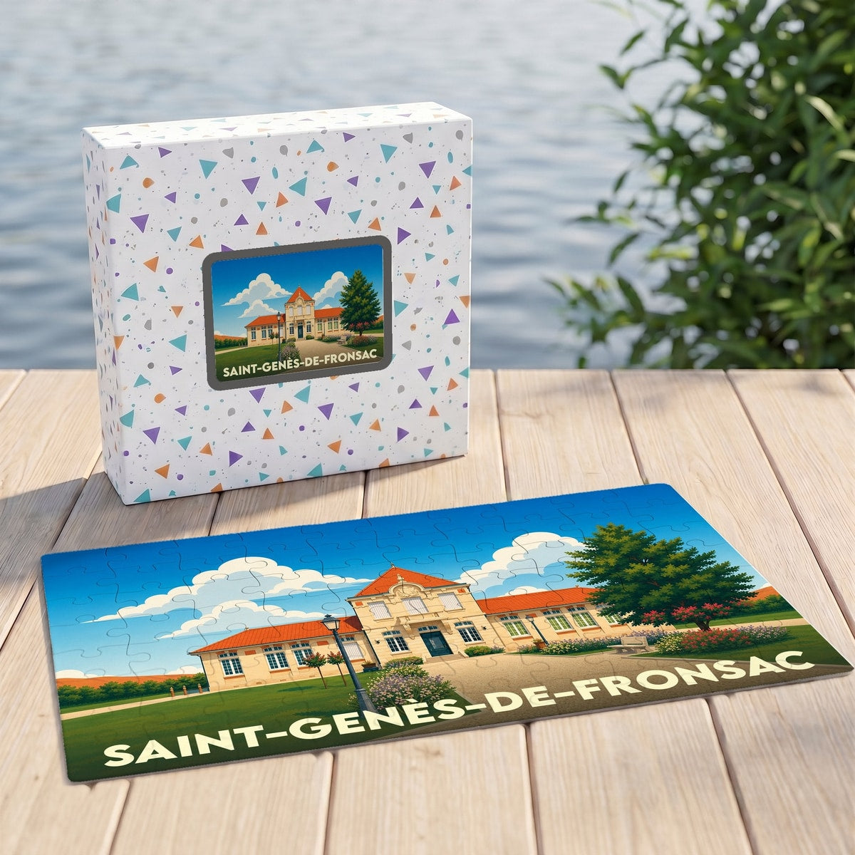 Puzzle souvenir de la ville de Saint-Genès-de-Fronsac avec une illustration colorée et stylisée de sa mairie.