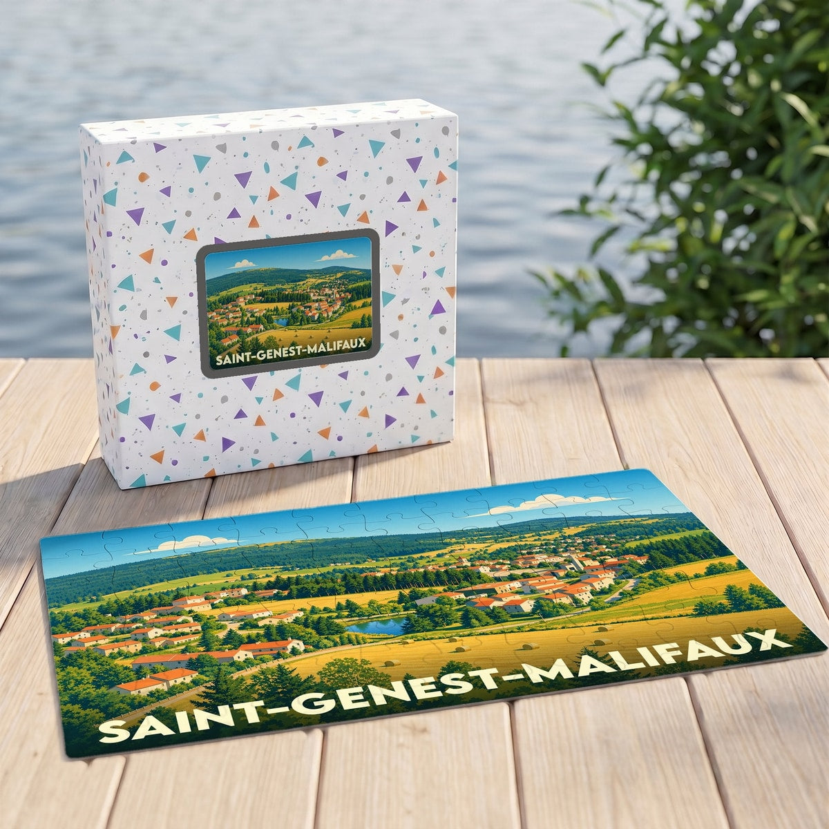 Puzzle souvenir de Saint-Genest-Malifaux présentant une illustration panoramique et colorée du village.
