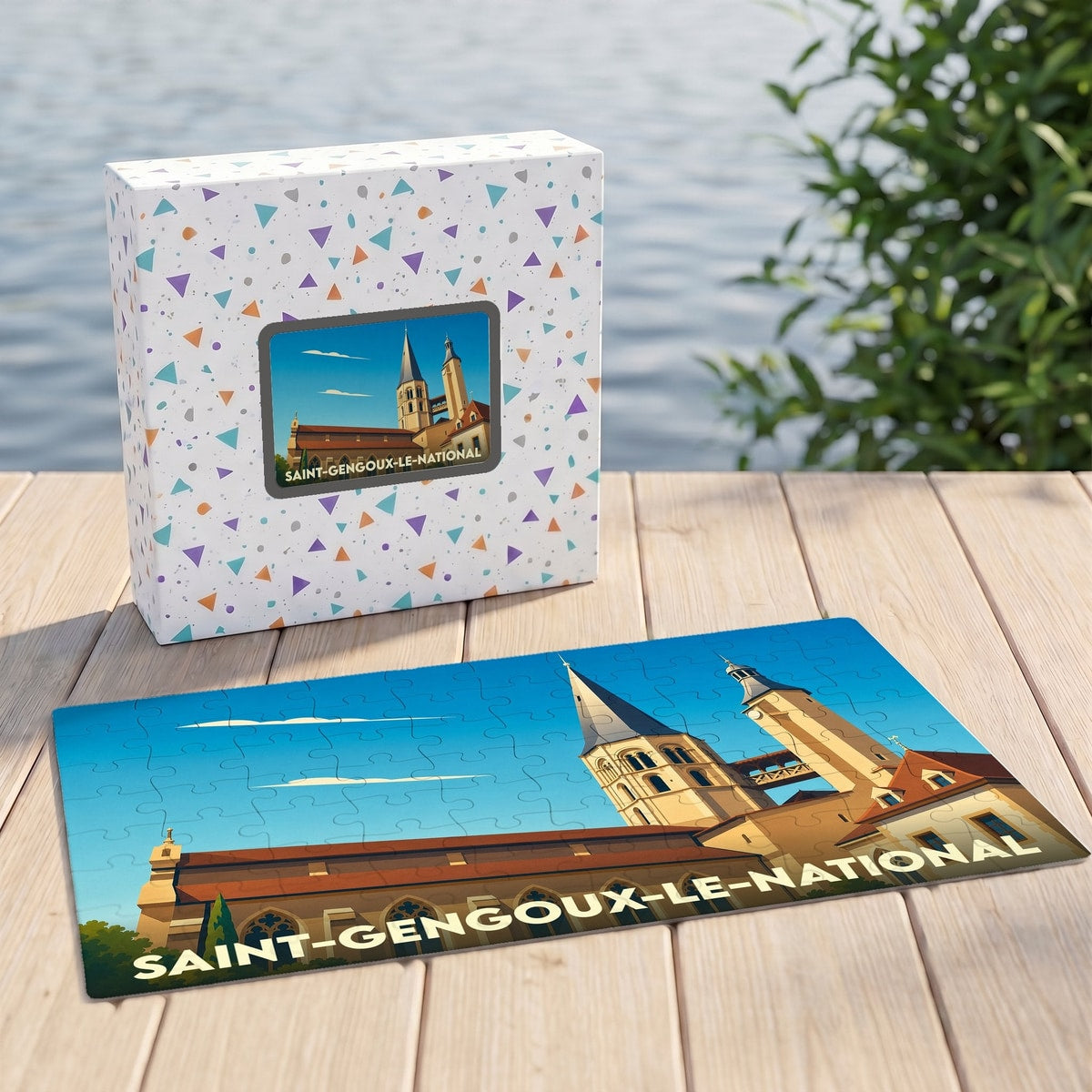 Puzzle souvenir de la ville de Saint-Gengoux-le-National avec une illustration stylisée de son église et de sa tour.