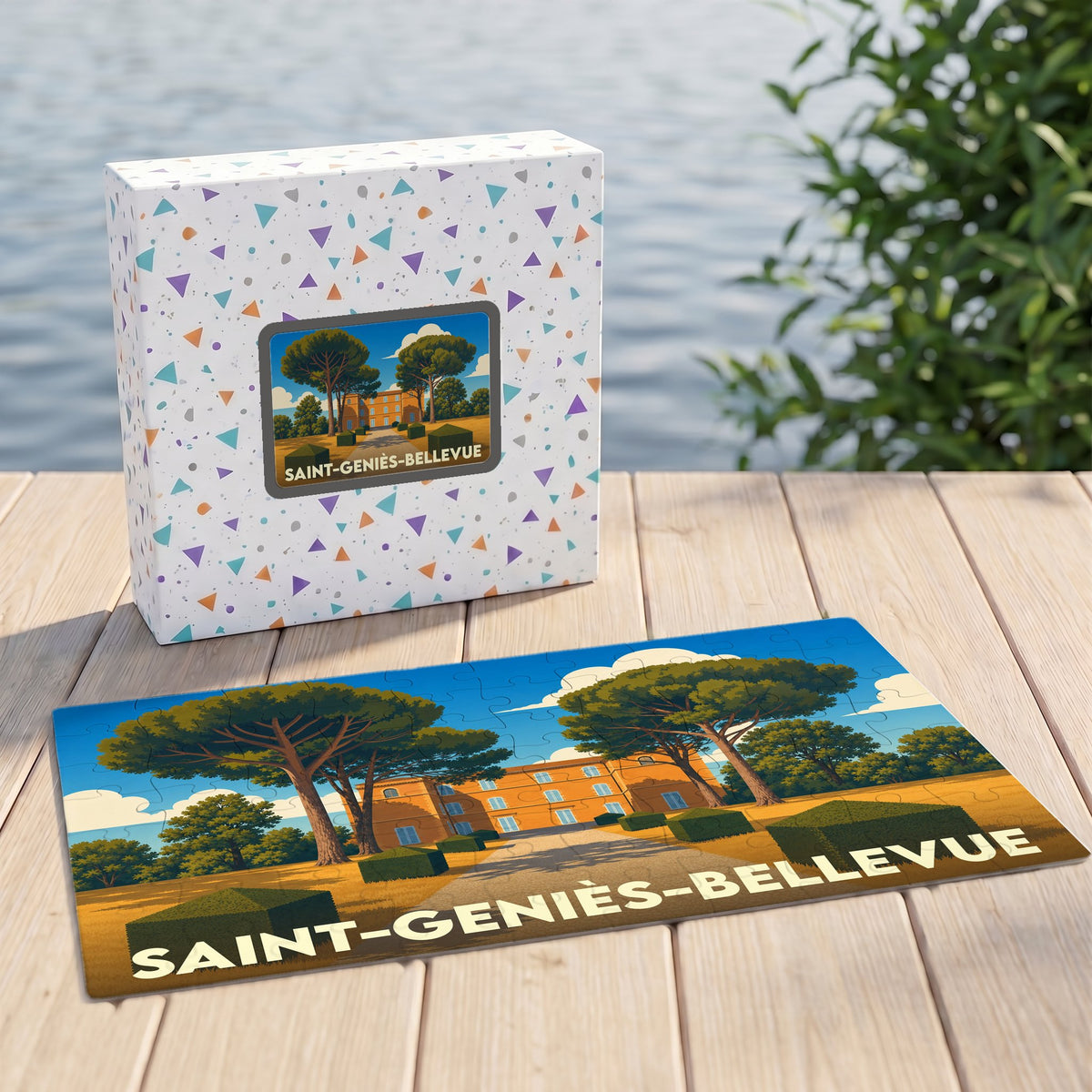Puzzle souvenir de la ville de Saint-Geniès-Bellevue avec une illustration stylisée d'une grande demeure entourée de pins.