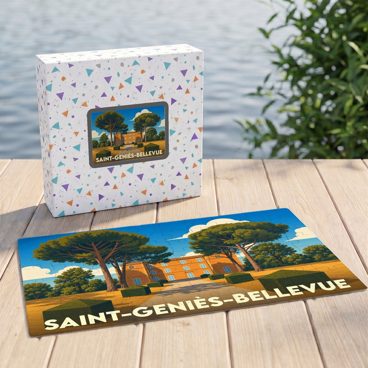 Puzzle souvenir de la ville de Saint-Geniès-Bellevue avec une illustration stylisée d'une grande demeure entourée de pins.