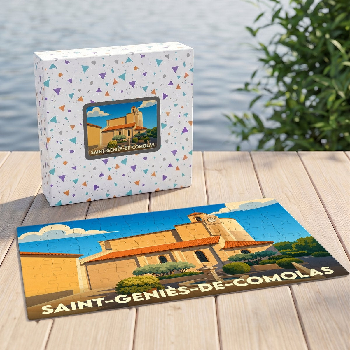 Puzzle souvenir de la ville de Saint-Geniès-de-Comolas avec une illustration stylisée de son église.