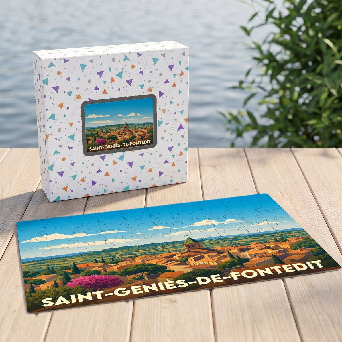 Puzzle souvenir de la ville de Saint-Geniès-de-Fontedit représentant un panorama ensoleillé du village.
