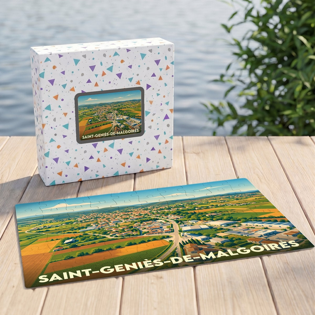 Puzzle souvenir de la ville de Saint-Geniès-de-Malgoirès avec une illustration stylisée de son paysage urbain et rural.