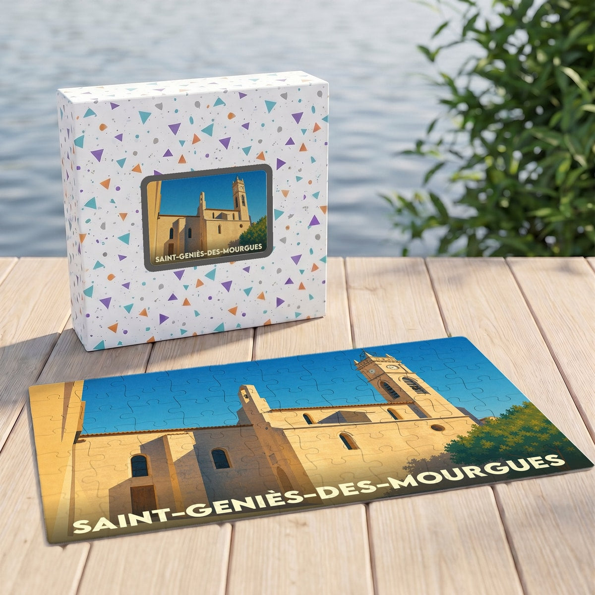Puzzle souvenir de la ville de Saint-Geniès-des-Mourgues avec une illustration stylisée de son église.