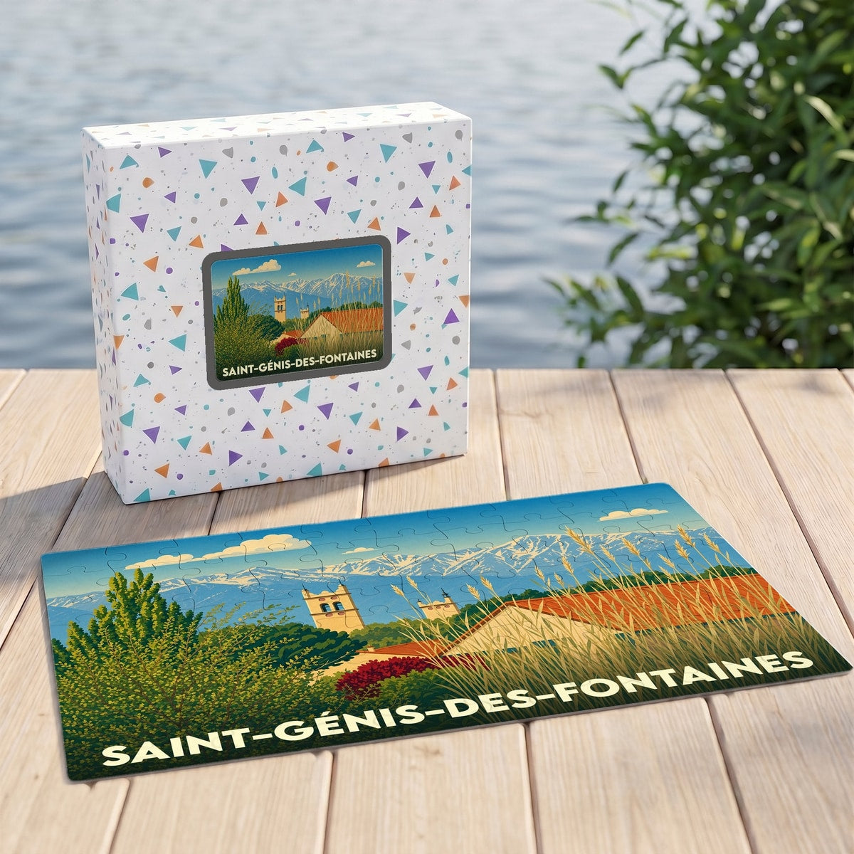 Puzzle souvenir de la ville de Saint-Génis-des-Fontaines avec une illustration stylisée d'un paysage local et sa boîte assortie.