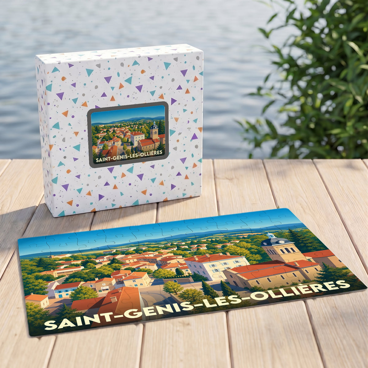 Puzzle souvenir de la ville de Saint-Genis-les-Ollières avec une illustration panoramique stylisée.