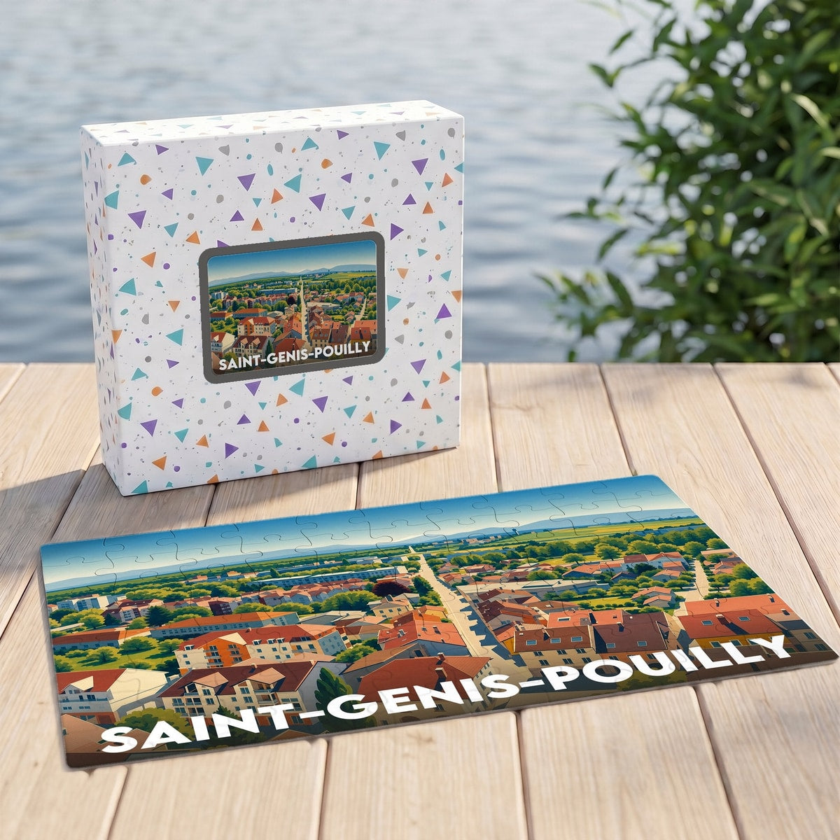 Puzzle souvenir de la ville de Saint-Genis-Pouilly avec une illustration stylisée et colorée.