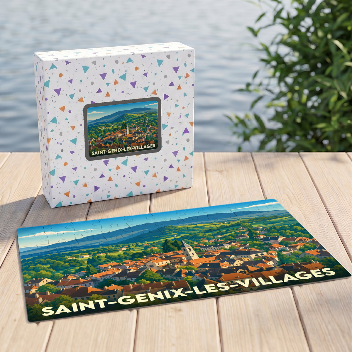 Puzzle souvenir de la ville de Saint-Genix-les-Villages avec une illustration panoramique colorée.