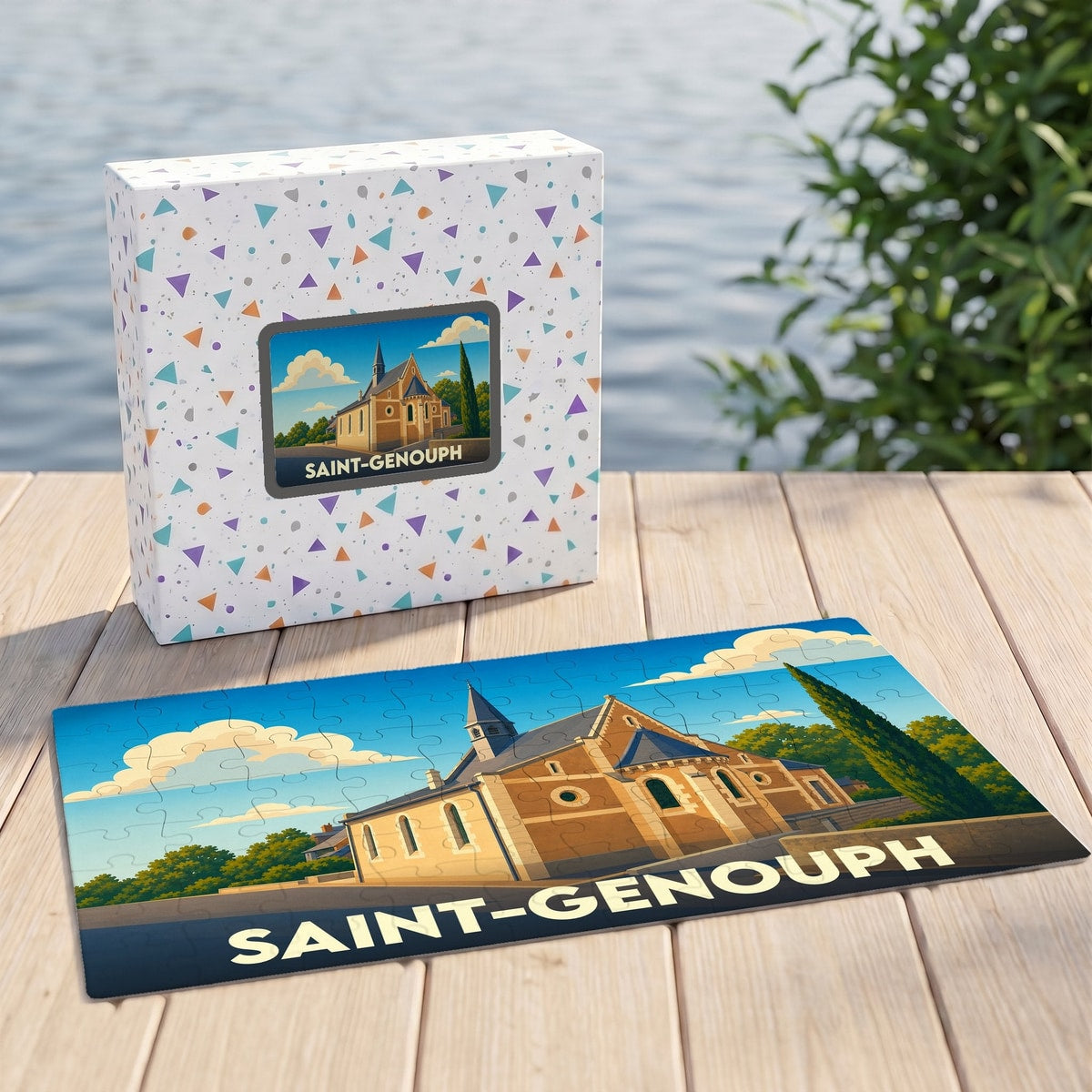 Puzzle souvenir de la ville de Saint-Genouph avec une illustration stylisée de son église.
