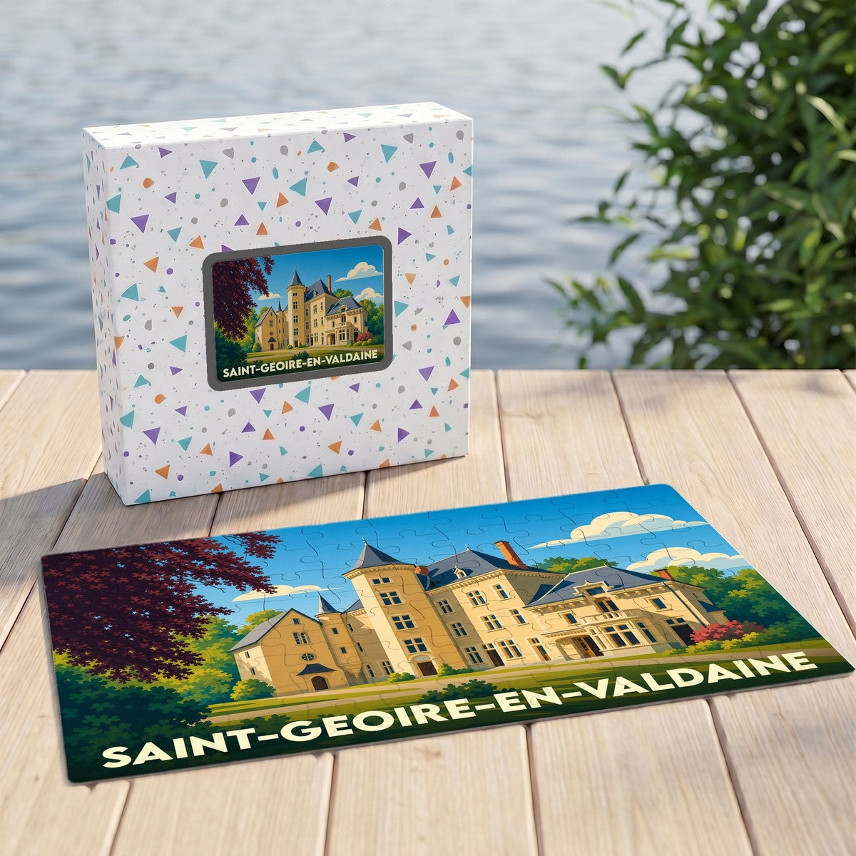 Puzzle souvenir de la ville de Saint-Geoire-en-Valdaine avec une illustration stylisée de son château.