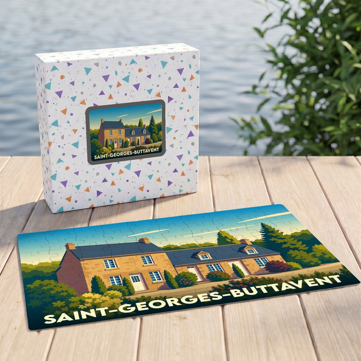 Puzzle souvenir de la ville de Saint-Georges-Buttavent avec une illustration stylisée d'une maison de campagne.