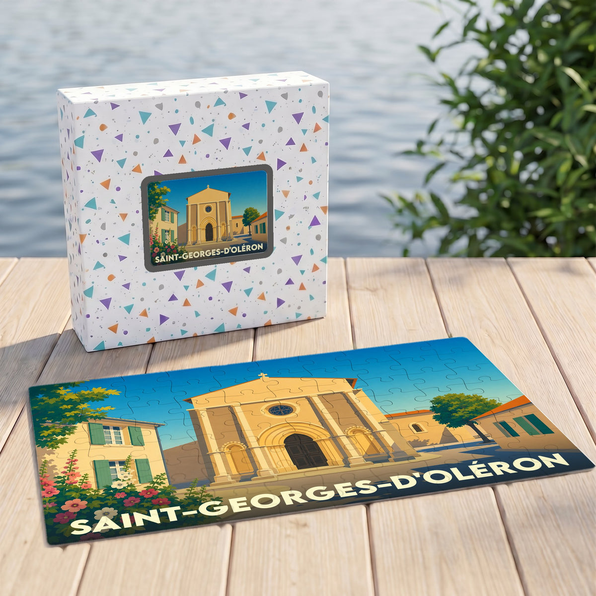 Puzzle souvenir de la ville de Saint-Georges-d'Oléron avec une illustration stylisée d'une église sous le soleil.
