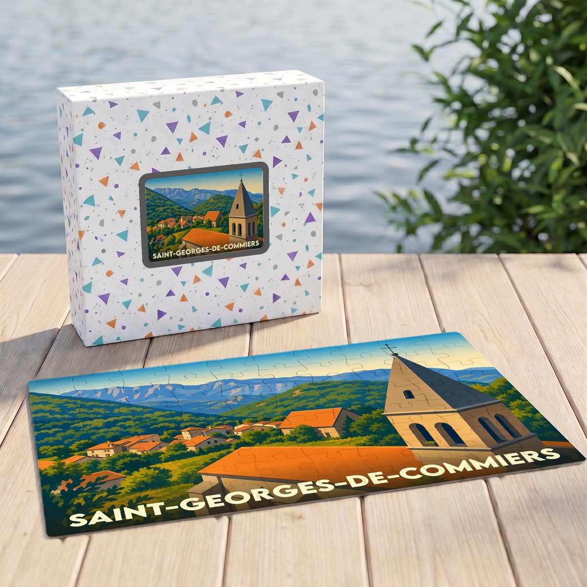 Puzzle souvenir de la ville de Saint-Georges-de-Commiers avec une illustration stylisée de son clocher et des montagnes environnantes.