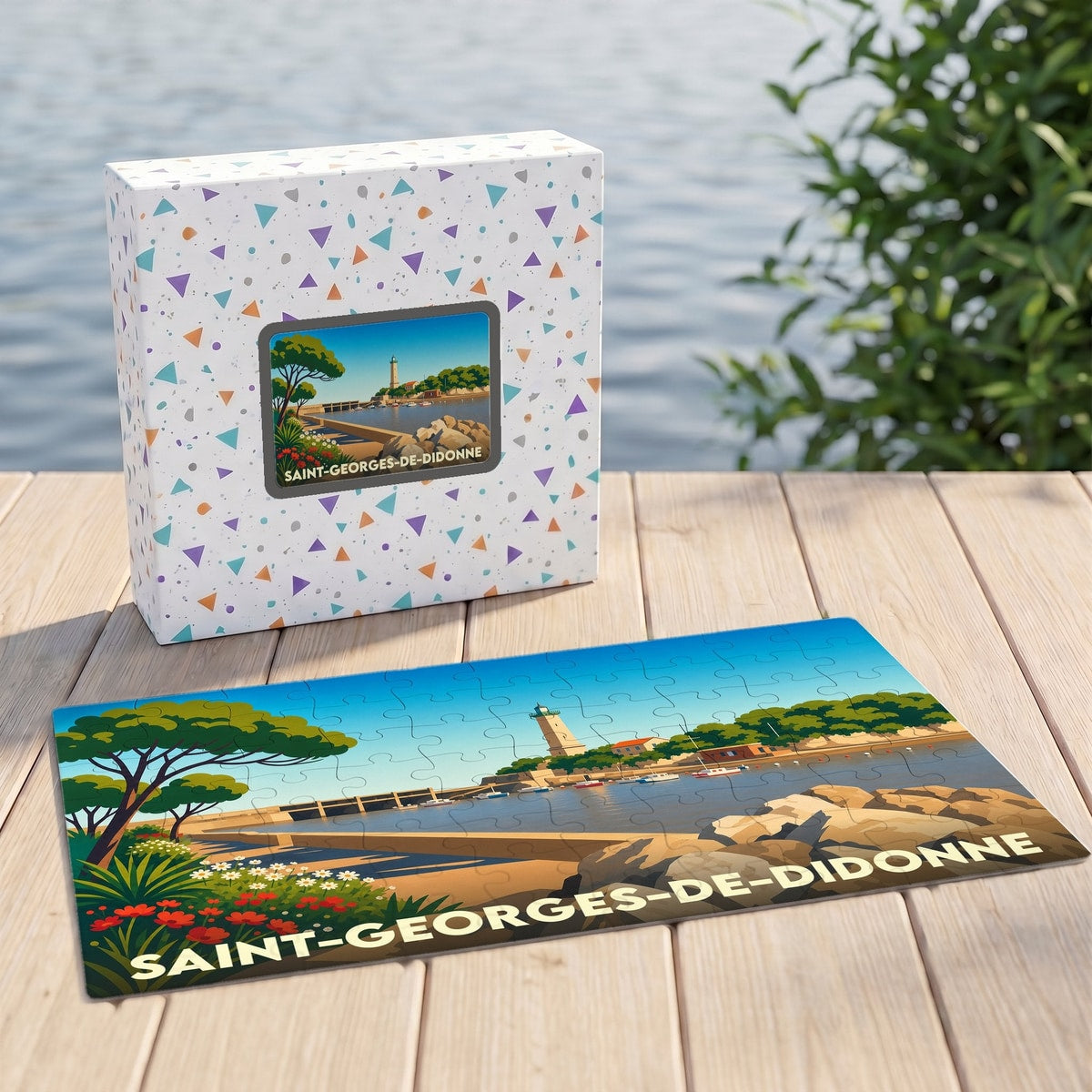 Puzzle souvenir de la ville de Saint-Georges-de-Didonne avec une illustration stylisée du littoral et de son phare.