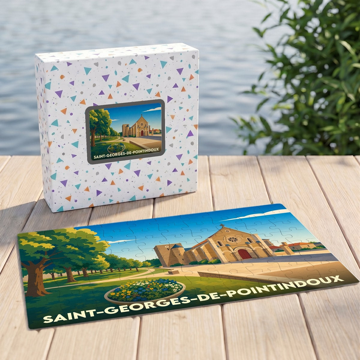 Puzzle souvenir de la ville de Saint-Georges-de-Pointindoux avec une illustration stylisée de son église et de son parc.