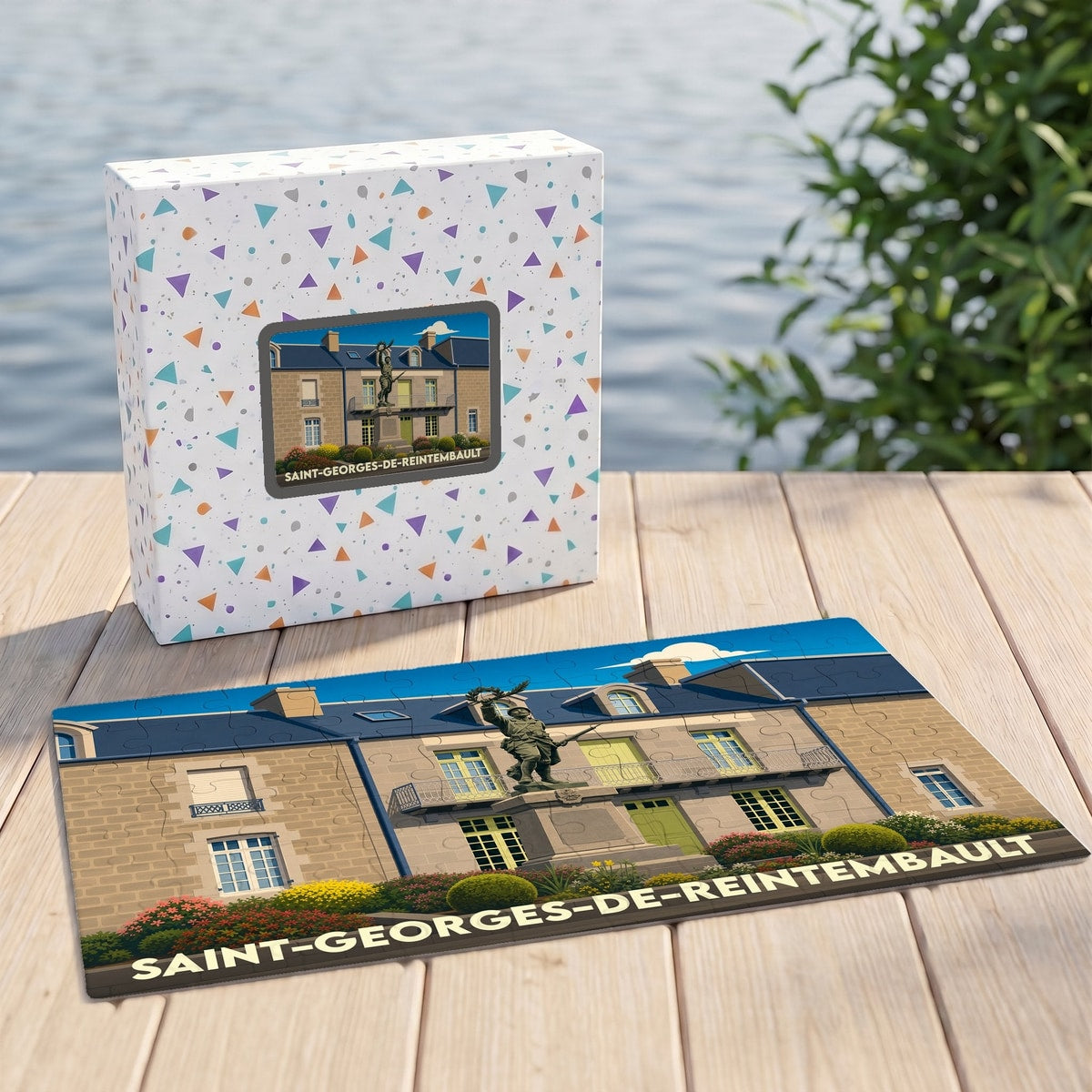 Puzzle souvenir de la ville de Saint-Georges-de-Reintembault avec une illustration stylisée de son architecture et d'une statue.