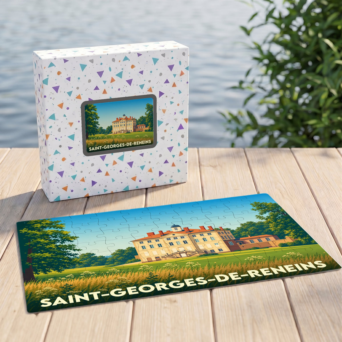 Puzzle souvenir de la ville de Saint-Georges-de-Reneins avec une illustration stylisée d'un château.