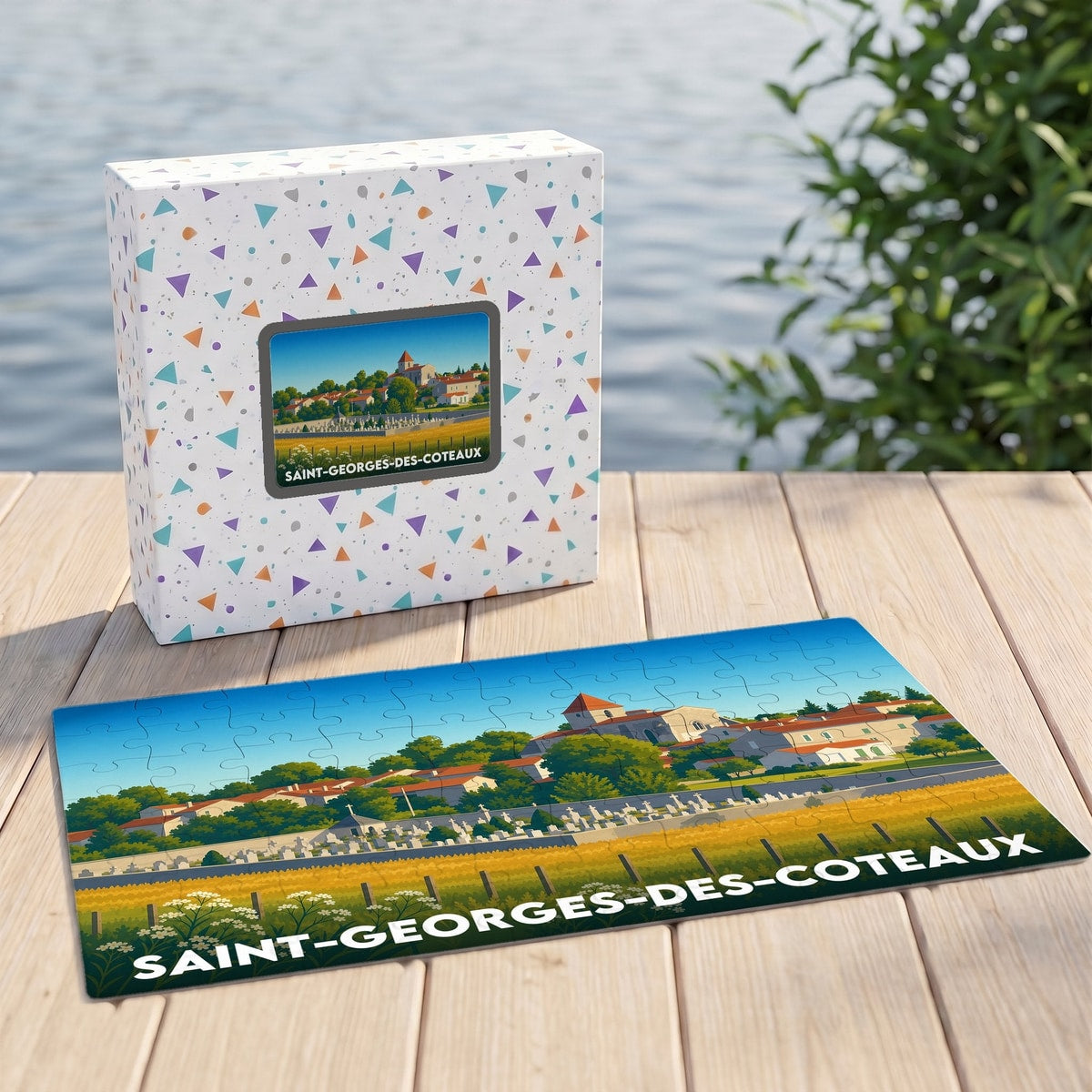 Puzzle souvenir de la ville de Saint-Georges-des-Coteaux illustré d'une vue panoramique stylisée du village et de son église.