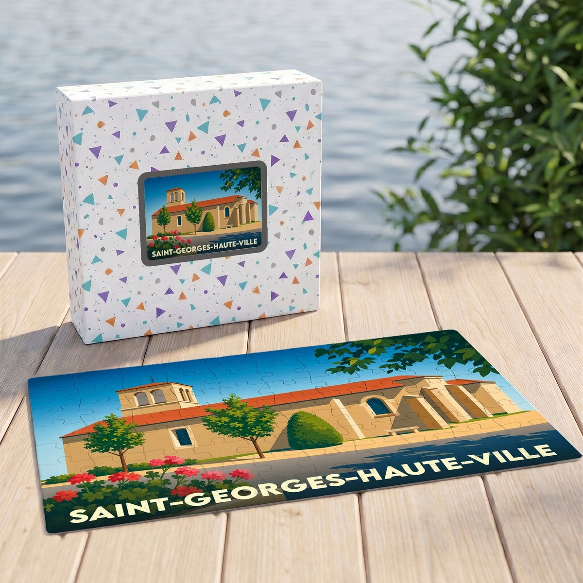 Puzzle souvenir de la ville de Saint-Georges-Haute-Ville avec une illustration stylisée.