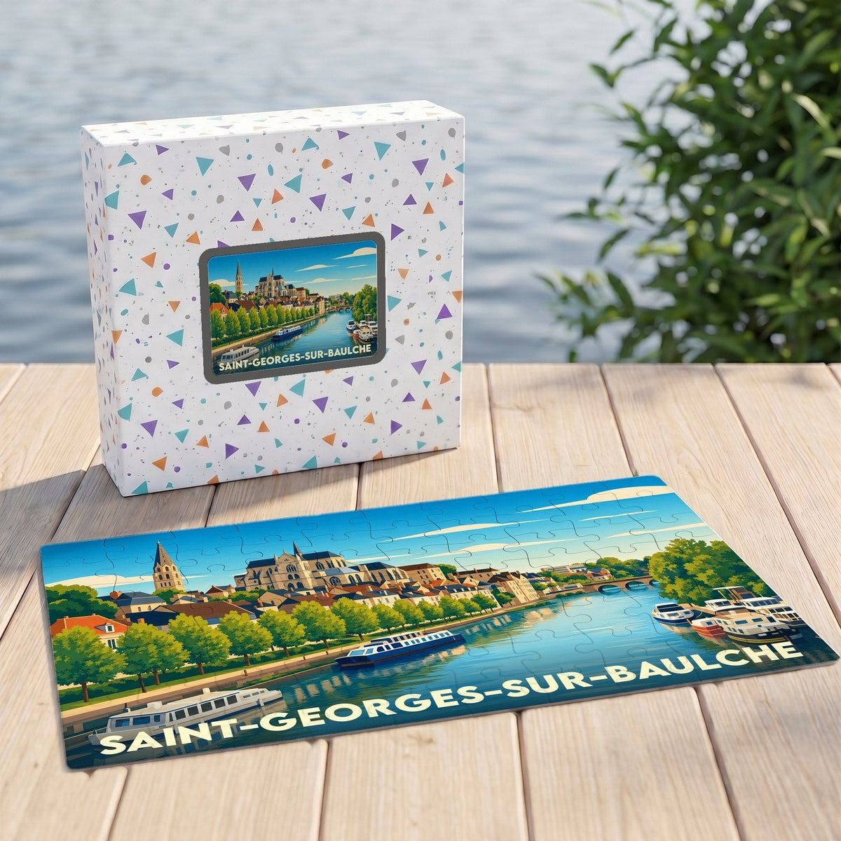 Puzzle souvenir de la ville de Saint-Georges-sur-Baulche avec une illustration stylisée des bords de l’eau.