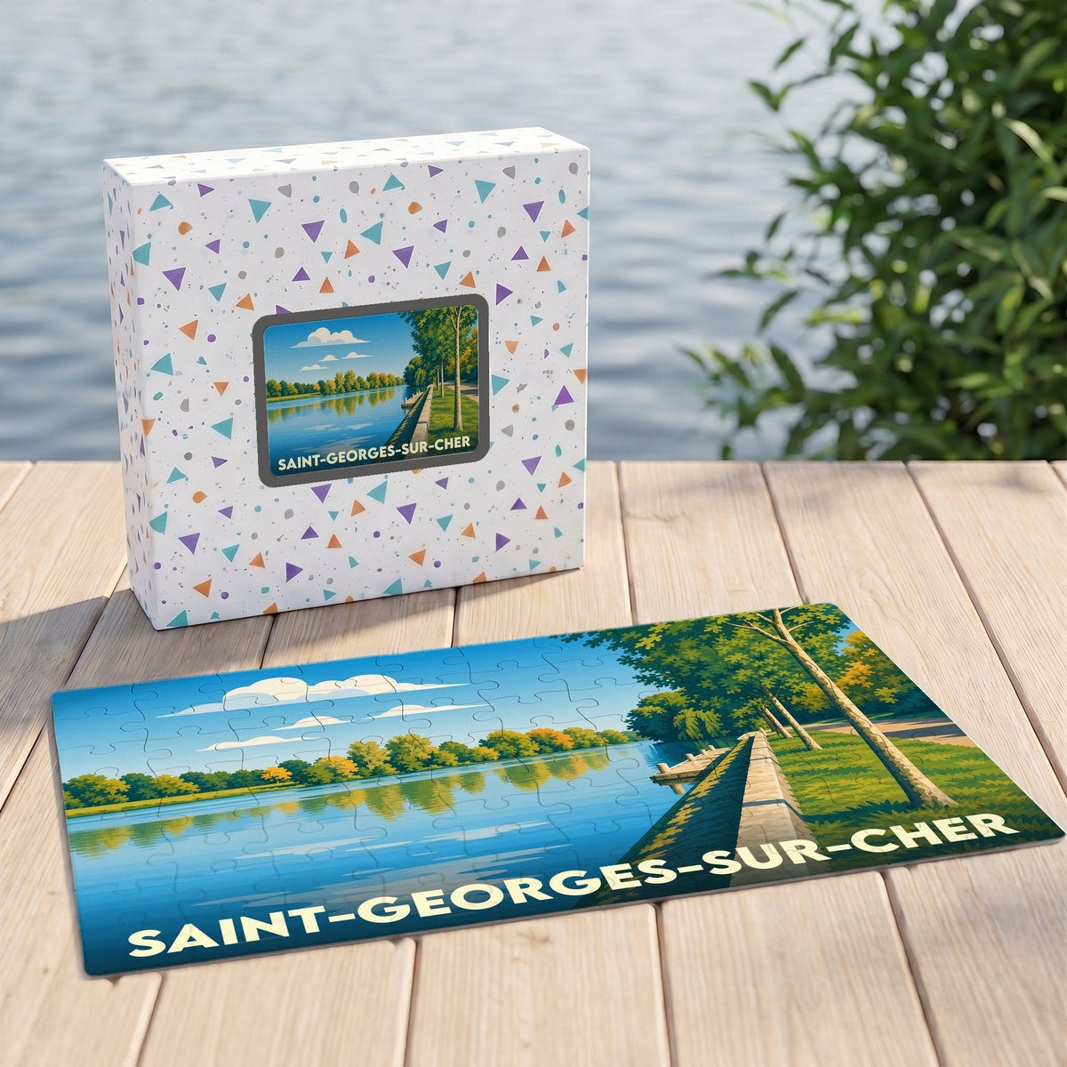 Puzzle souvenir de la ville de Saint-Georges-sur-Cher avec une illustration stylisée de ses bords de rivière.