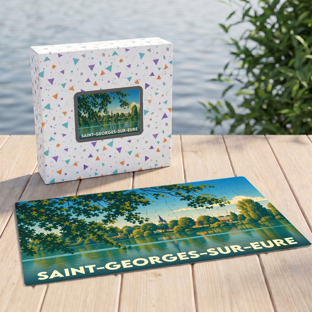 Puzzle souvenir de la ville de Saint-Georges-sur-Eure avec une illustration stylisée d'un paysage de bord d'eau.