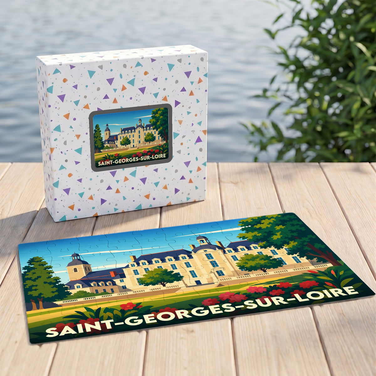 Puzzle souvenir de la ville de Saint-Georges-sur-Loire représentant une illustration stylisée d'un château.