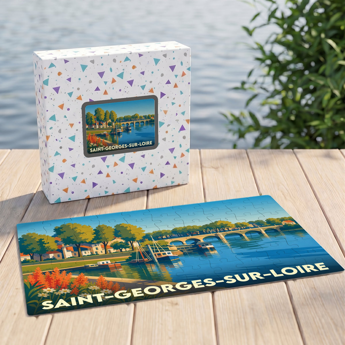Puzzle souvenir de la ville de Saint-Georges-sur-Loire avec une illustration stylisée d'un paysage fluvial.