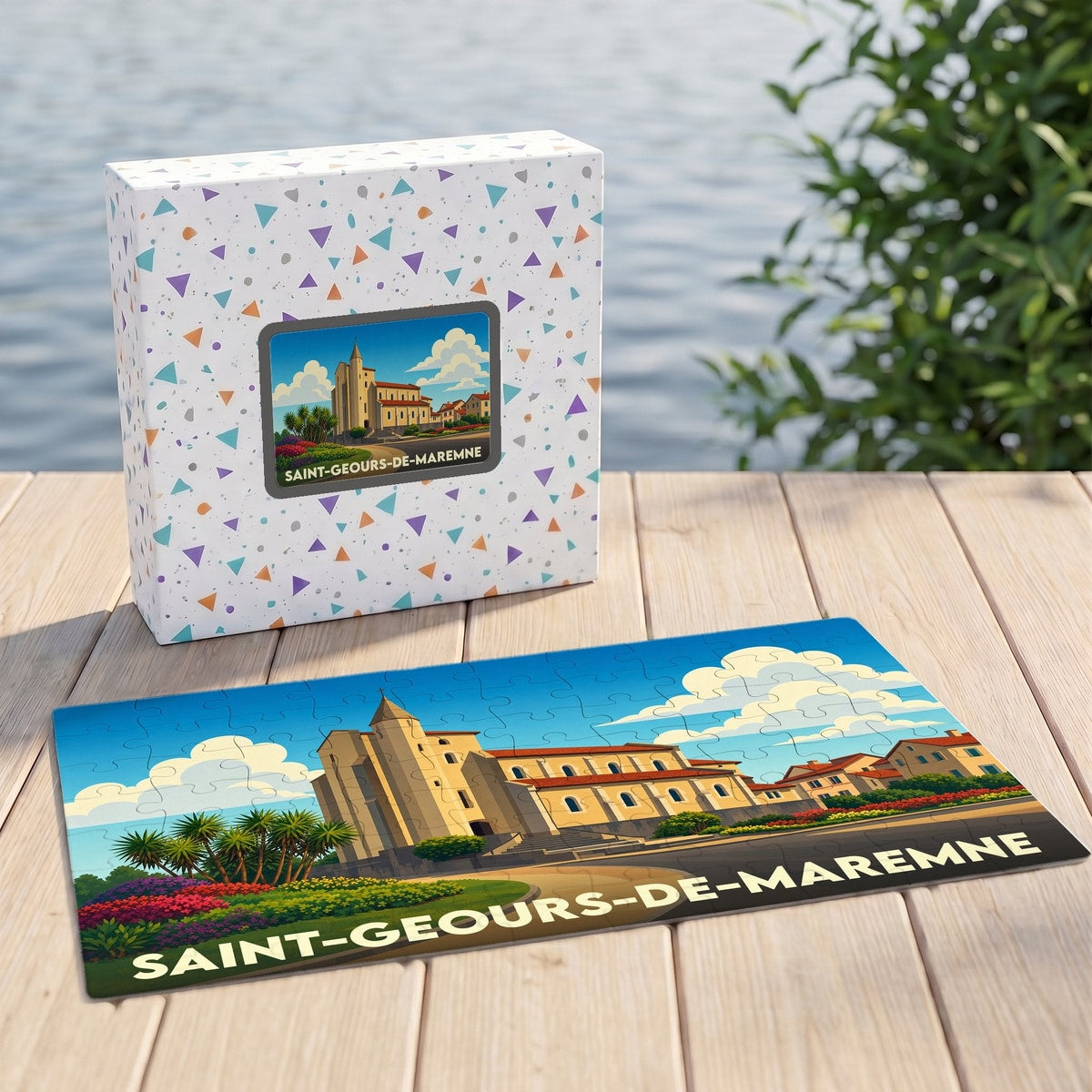 Puzzle souvenir de la ville de Saint-Geours-de-Maremne avec une illustration stylisée de son église.