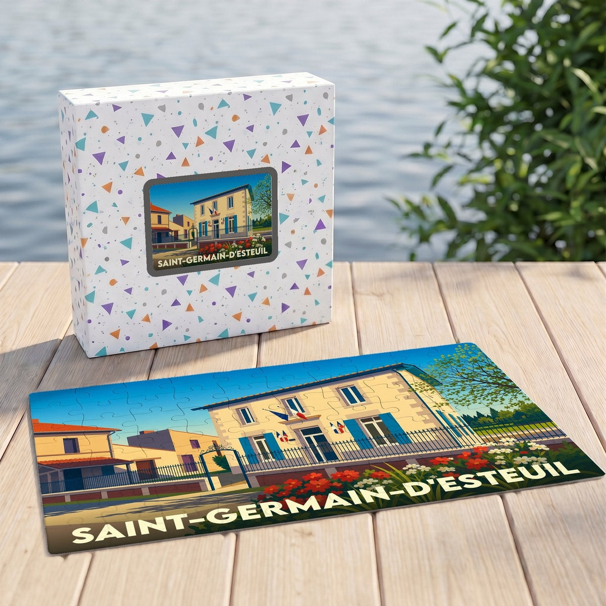 Puzzle souvenir de la ville de Saint-Germain-d'Esteuil avec une illustration stylisée.