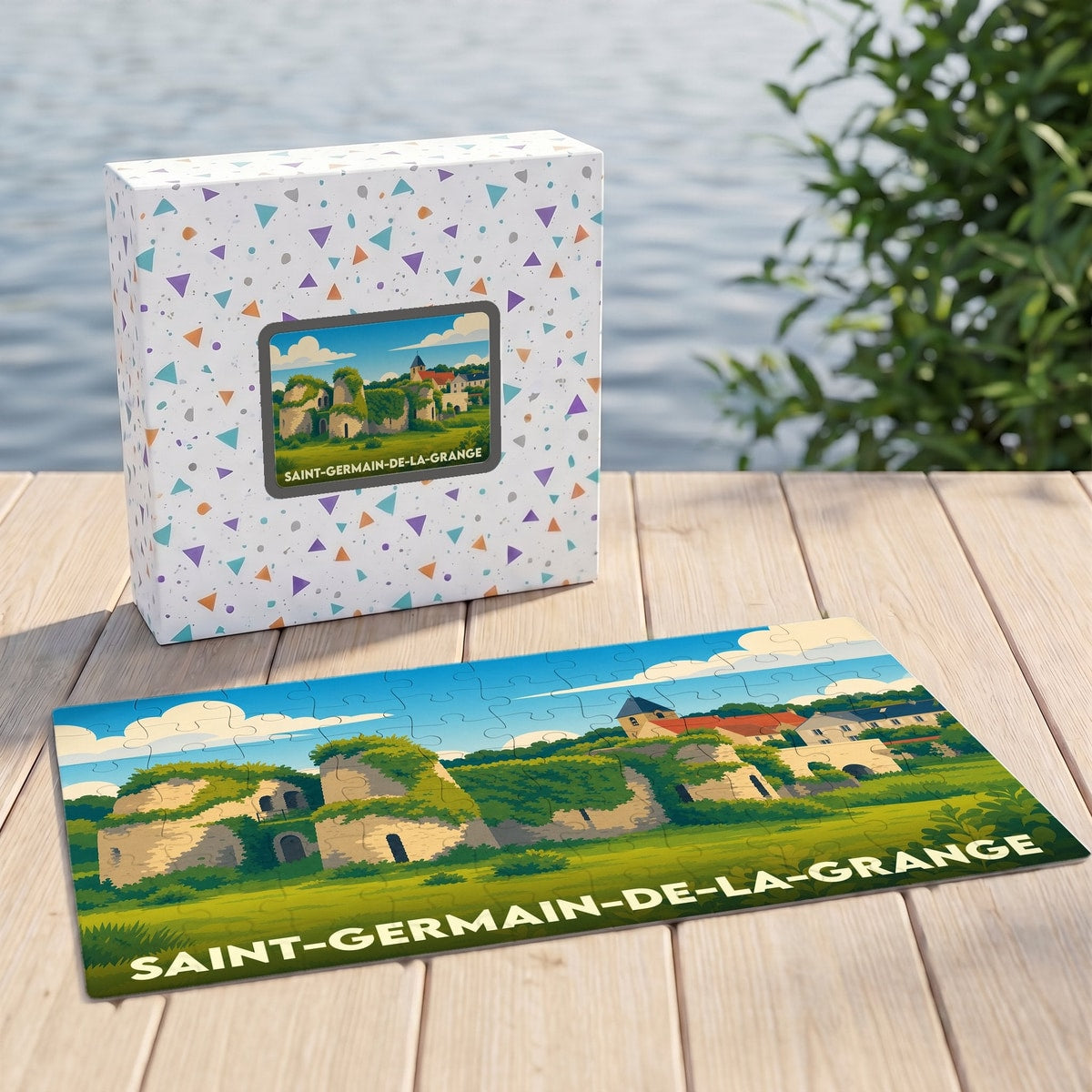 Puzzle souvenir de la ville de Saint-Germain-de-la-Grange avec une illustration stylisée de ses paysages et monuments.
