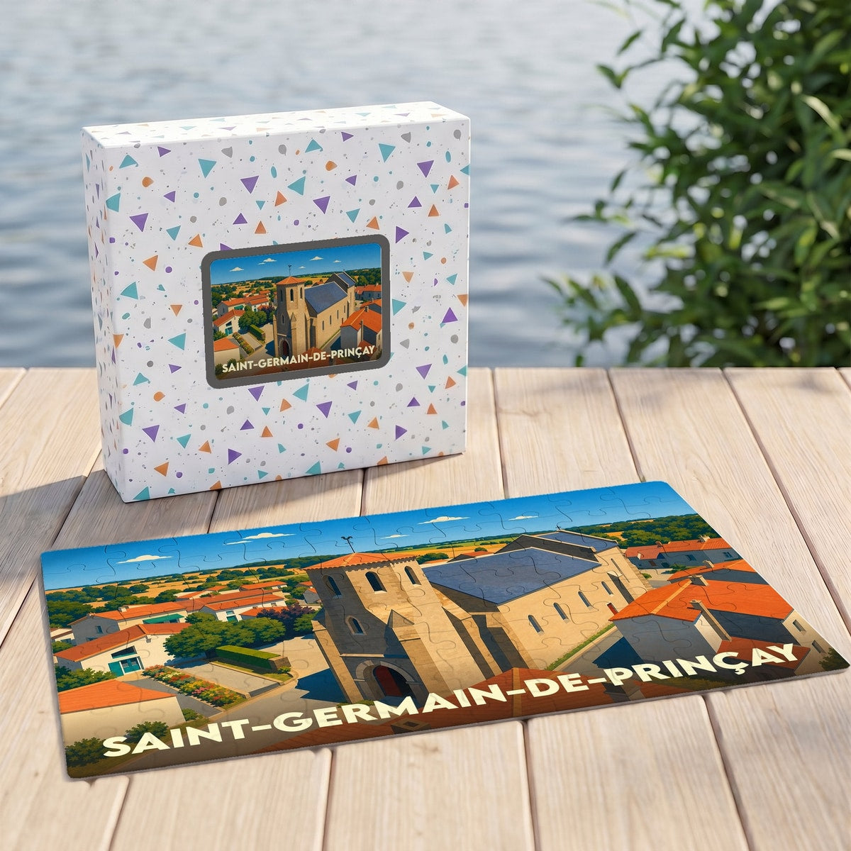 Puzzle souvenir de la ville de Saint-Germain-de-Prinçay avec une illustration stylisée.