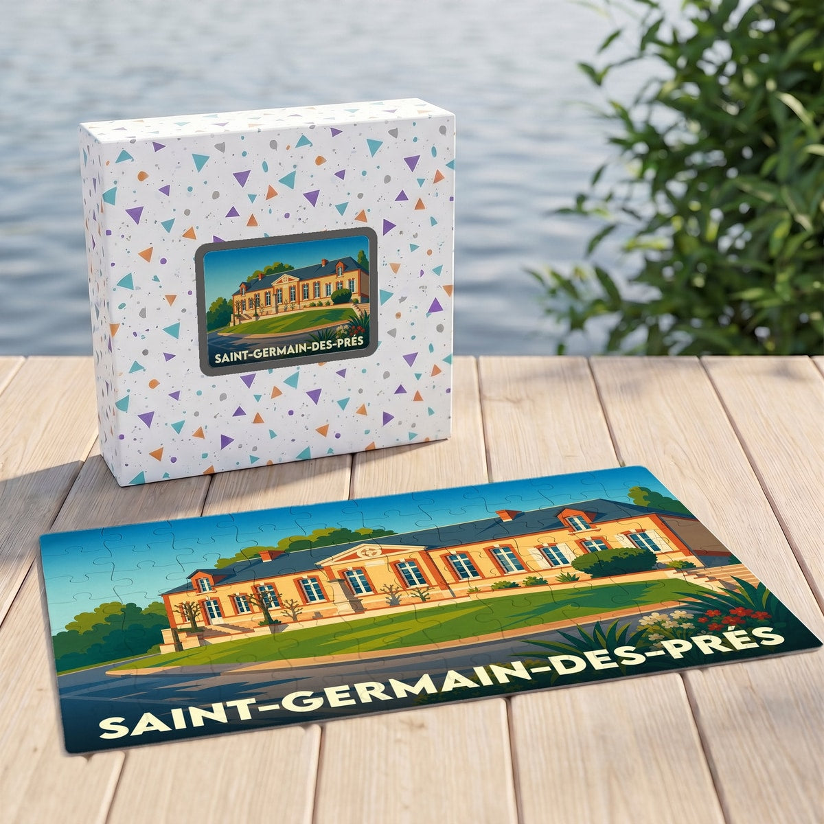 Puzzle souvenir de la ville de Saint-Germain-des-Prés avec une illustration stylisée d'un manoir coloré.