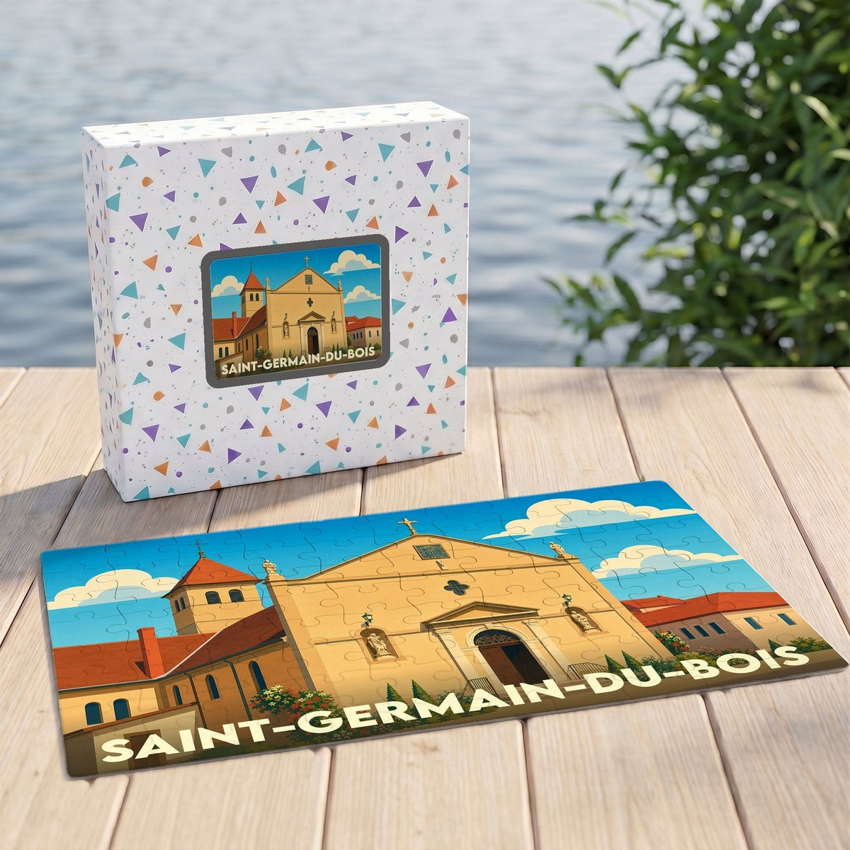 Puzzle souvenir de la ville de Saint-Germain-du-Bois avec une illustration stylisée de son église.