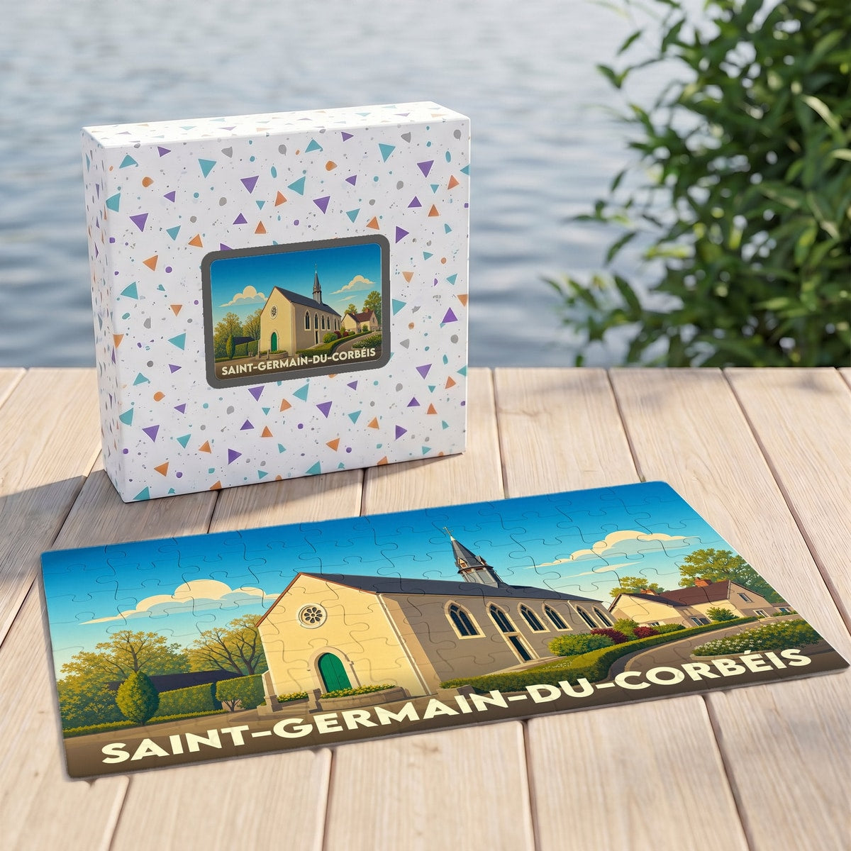 Puzzle souvenir de la ville de Saint-Germain-du-Corbéis avec une illustration stylisée de son église.