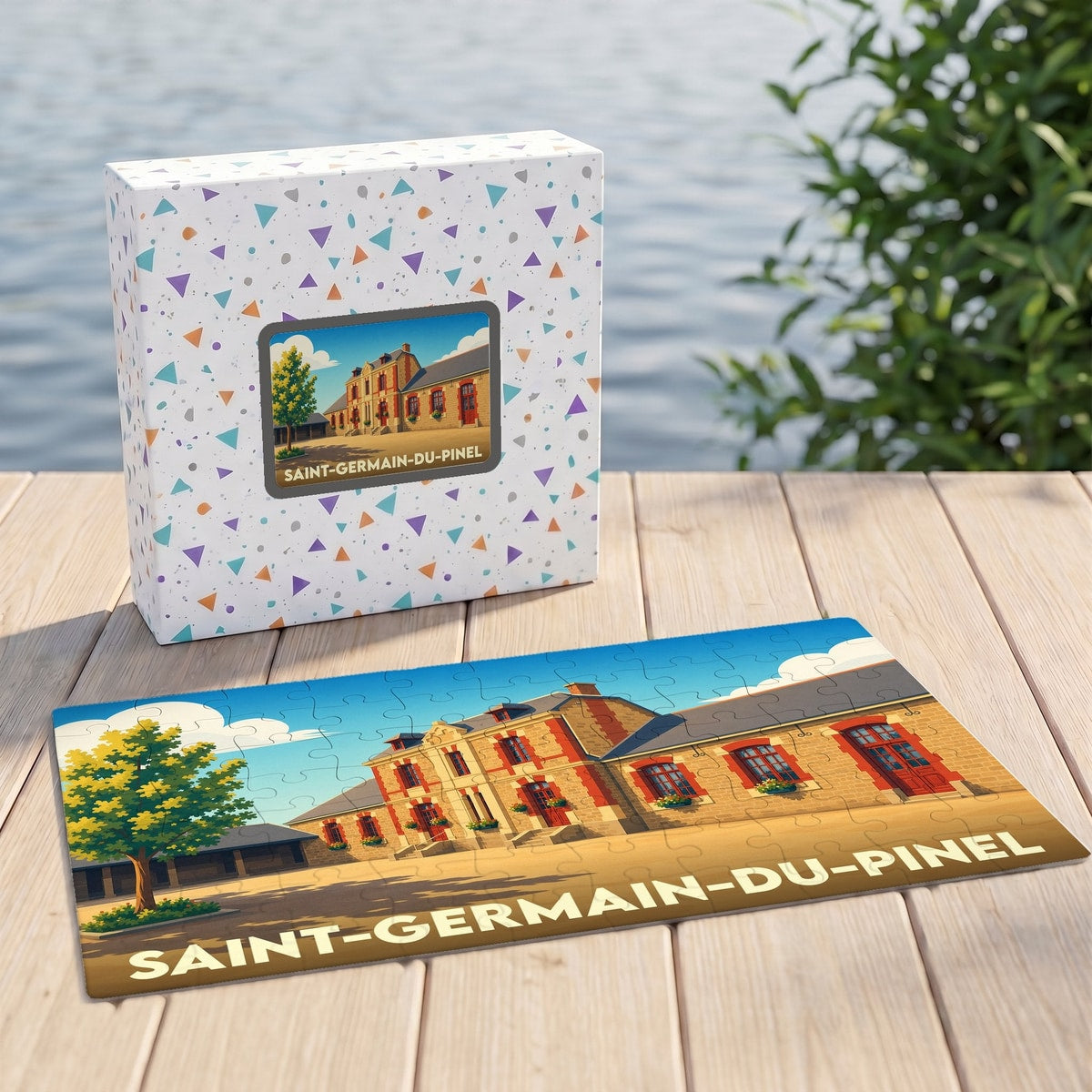Puzzle souvenir de la ville de Saint-Germain-du-Pinel avec une illustration stylisée d'un bâtiment historique.