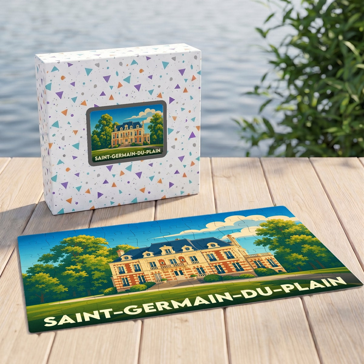 Puzzle souvenir de la ville de Saint-Germain-du-Plain avec une illustration stylisée d'un manoir.