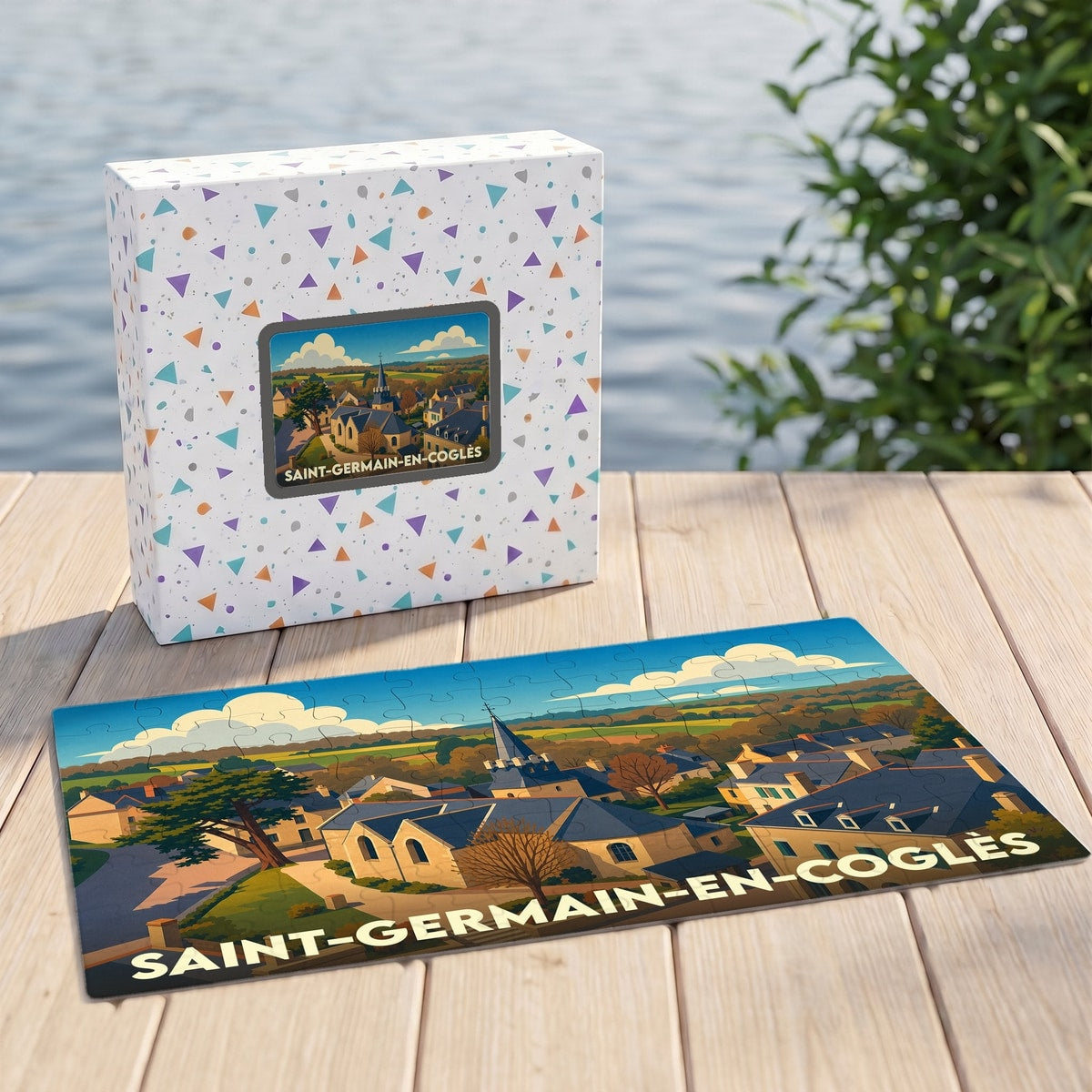 Puzzle souvenir de la ville de Saint-Germain-en-Coglès avec une illustration stylisée d'un paysage urbain.