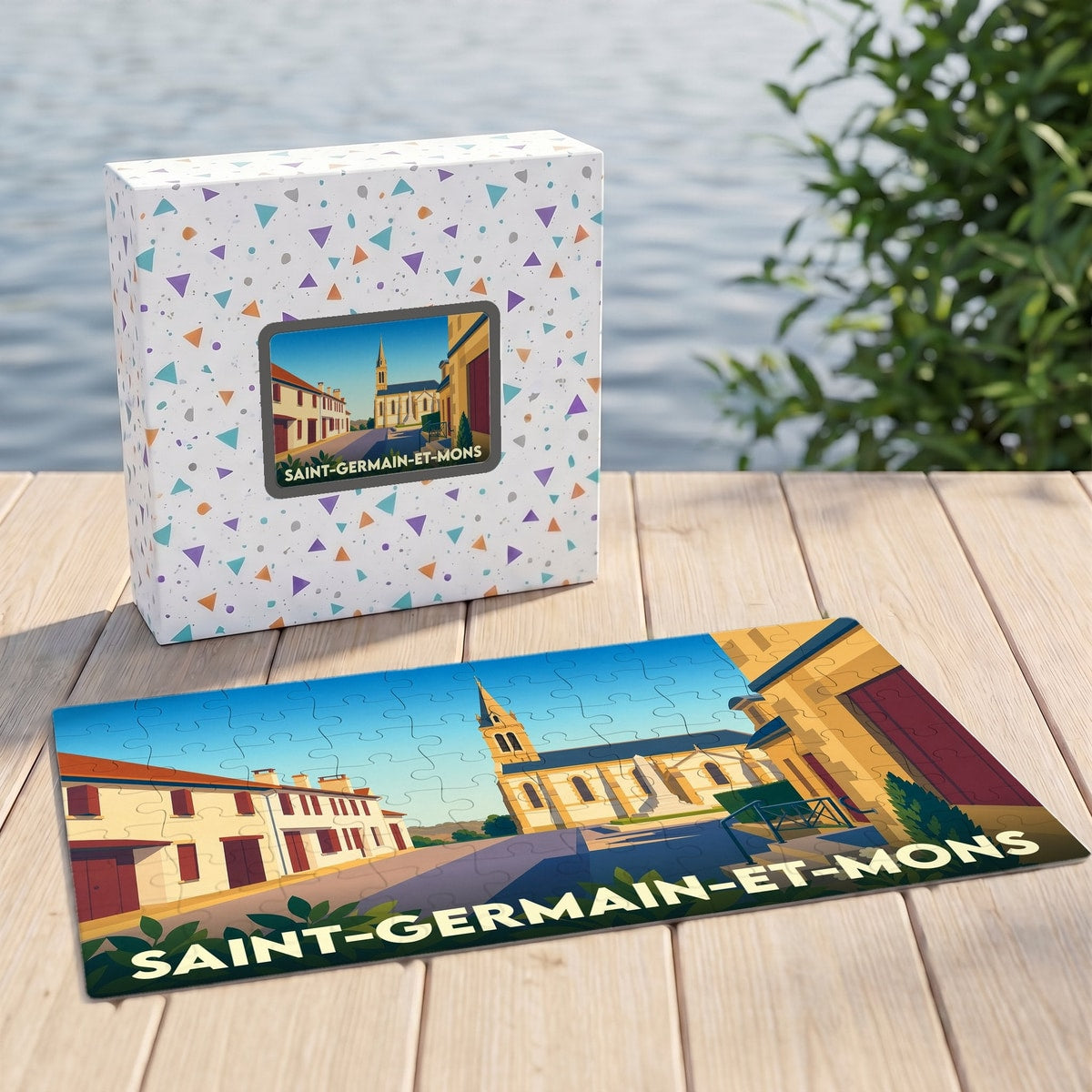 Puzzle souvenir de la ville de Saint-Germain-et-Mons avec une illustration stylisée et colorée.