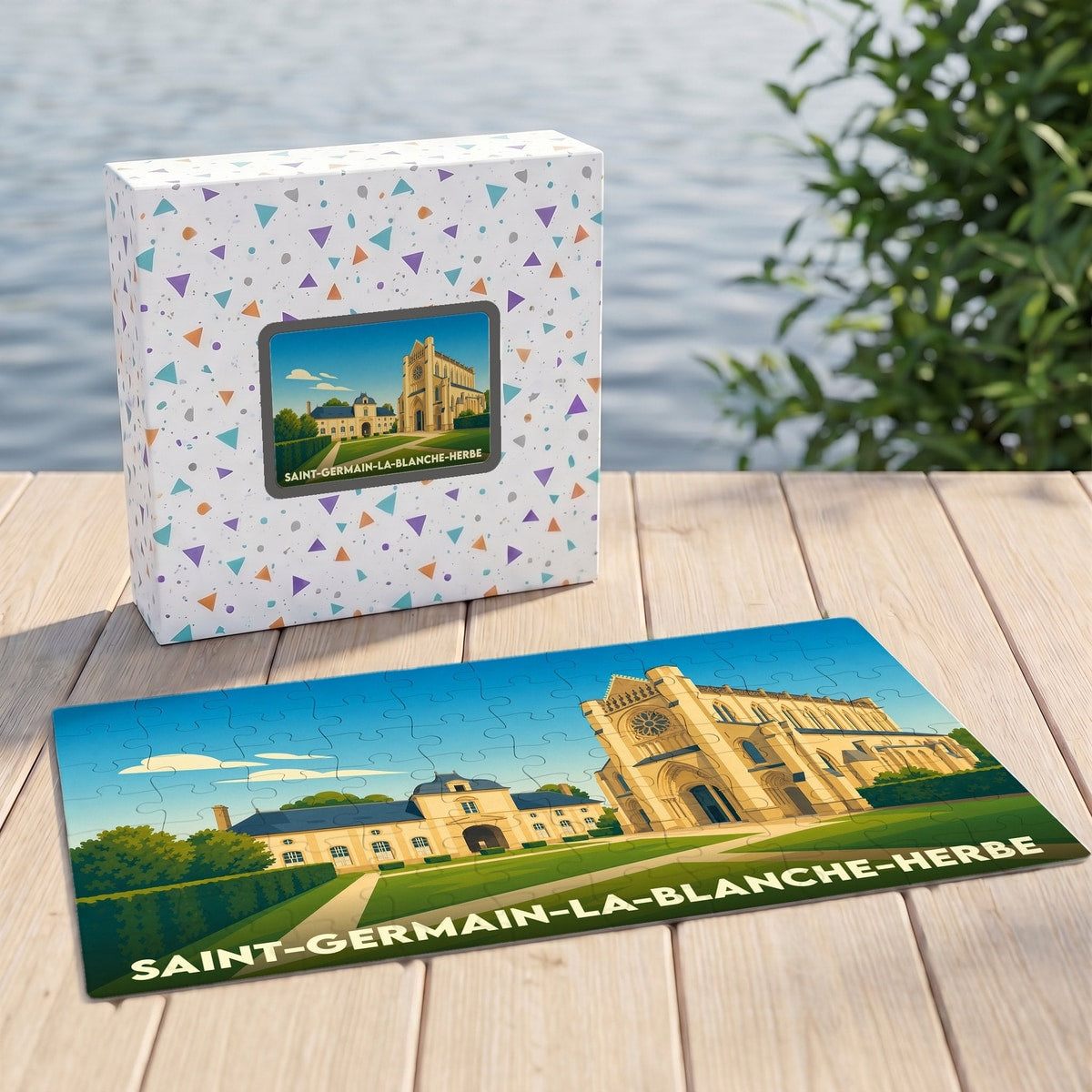 Puzzle souvenir de la ville de Saint-Germain-la-Blanche-Herbe avec une illustration stylisée de son patrimoine architectural.