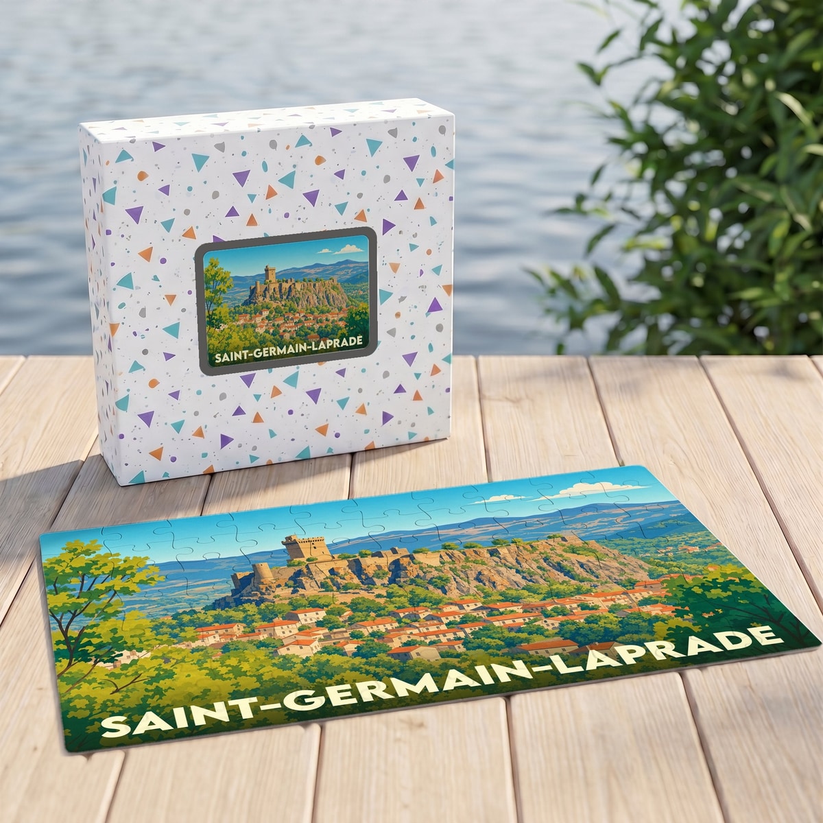 Puzzle souvenir de la ville de Saint-Germain-Laprade avec une illustration stylisée de son château et de ses paysages.