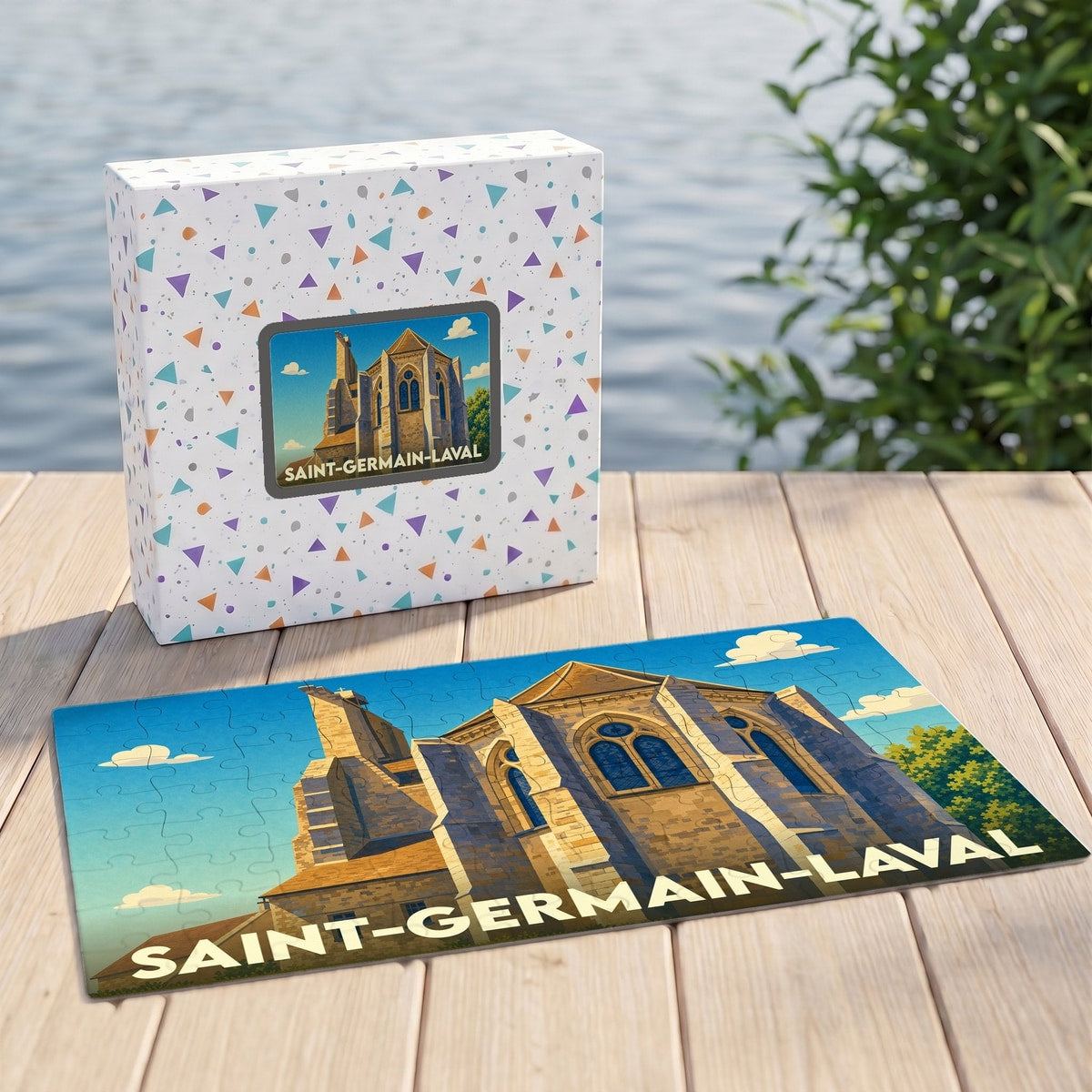 Puzzle souvenir de la ville de Saint-Germain-Laval illustrant son église avec un style graphique épuré.