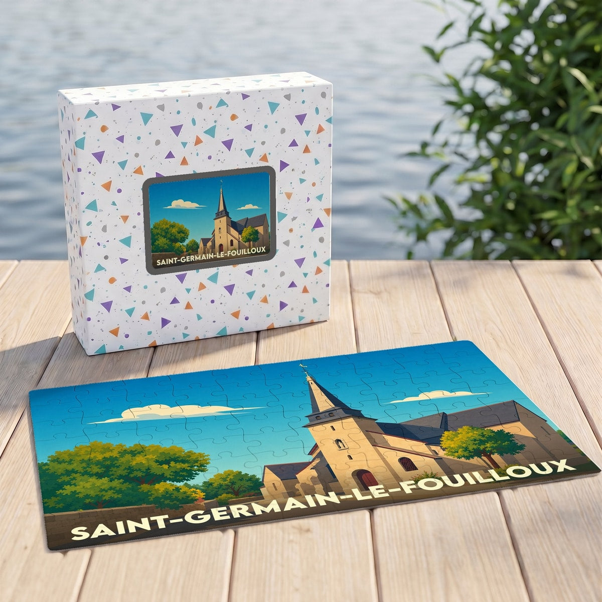 Puzzle souvenir de la ville de Saint-Germain-le-Fouilloux avec une illustration stylisée de son église.