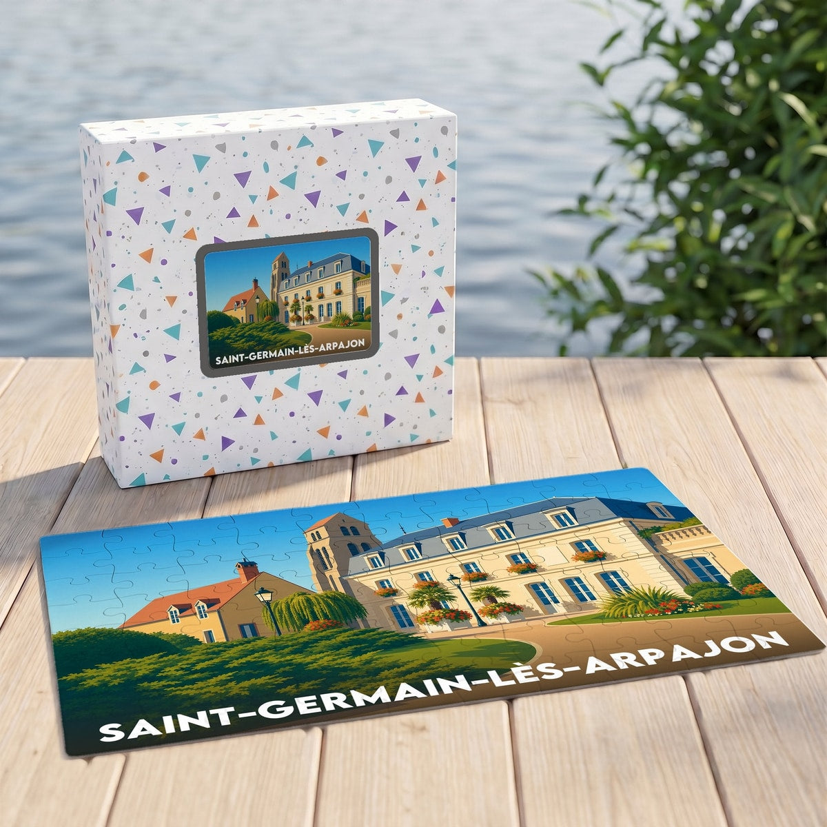 Puzzle souvenir de la ville de Saint-Germain-lès-Arpajon avec une illustration stylisée de son patrimoine.