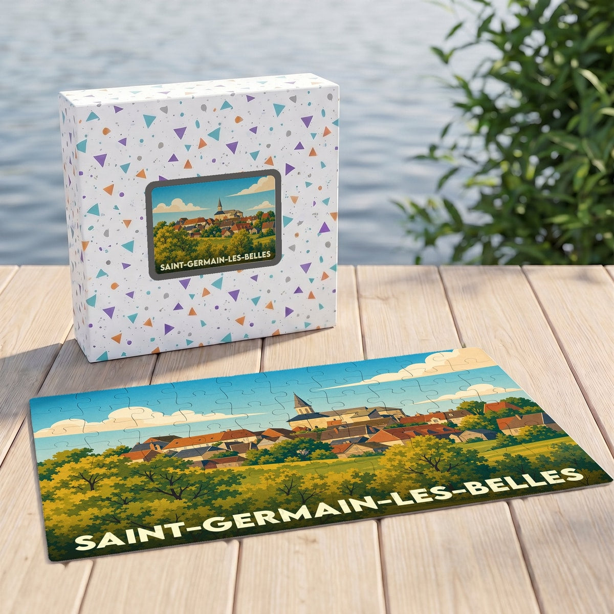 Puzzle souvenir de la ville de Saint-Germain-les-Belles avec une illustration stylisée d'un paysage urbain.