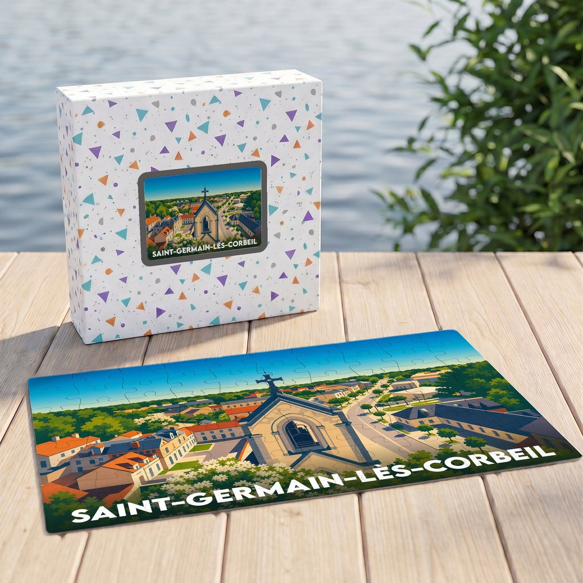 Puzzle souvenir de la ville de Saint-Germain-lès-Corbeil avec une illustration stylisée.