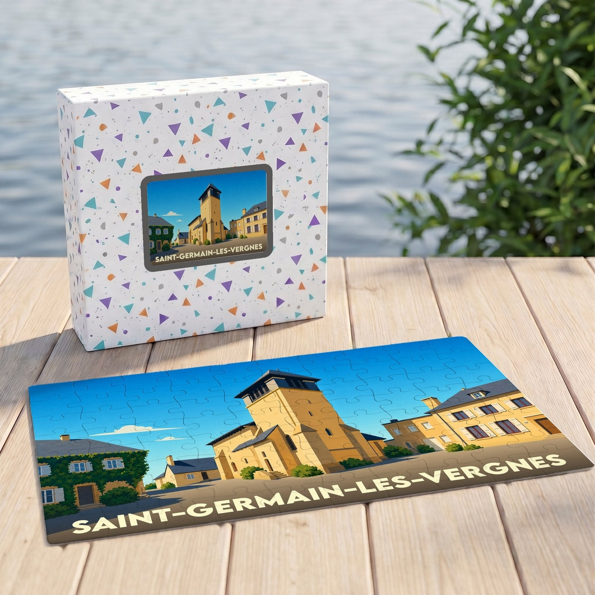 Puzzle souvenir de la ville de Saint-Germain-les-Vergnes avec une illustration stylisée.